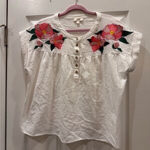 Oddi 100% Cotton Women's White Floral Embroidered Short Sleeve Top